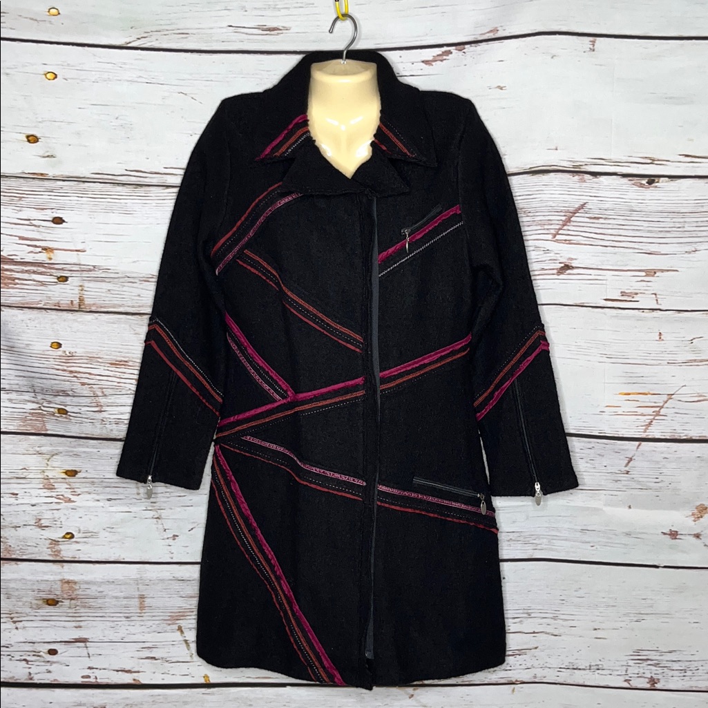 Covelo Clothing Nwt Sz M Black - Purple & Red Trim Zip Front 100% Wool Bond Coat